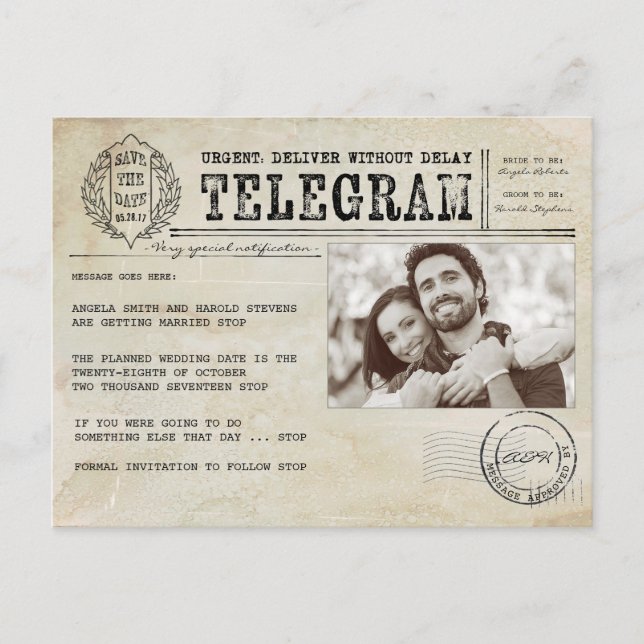 Vintage Telegram Old Aged Save the Date Photo Announcement Postcard (Front)