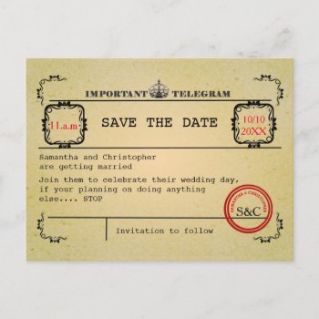 Vintage Telegram Wedding Save The Date Announcement Postcard by personalized_wedding at Zazzle