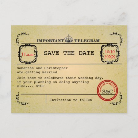 Vintage Telegram Wedding Save The Date Announcement Postcard