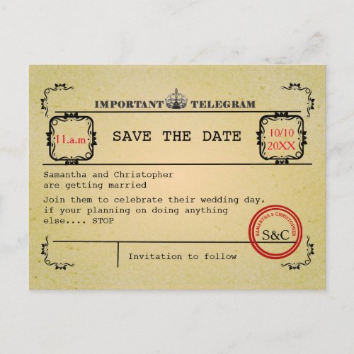 Vintage telegram wedding save the date announcement postcard
