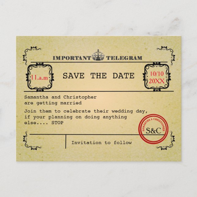 Vintage telegram wedding save the date announcement postcard (Front)