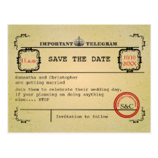Vintage telegram wedding save the date postcard