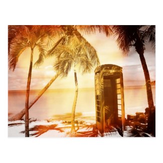 Vintage telephone booth yellow glow postcard