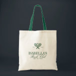 Vintage Tennis Country Club Bachelorette Custom Tote Bag<br><div class="desc">A modern yet vintage-inspired bachelorette tote bag designed in a rich dark green palette, evoking the timeless elegance of old money country club luxury. The front features crossed tennis rackets and a ball, framed with refined detailing, and the words “Bach Club” written in flowing elegant script — a nod to...</div>