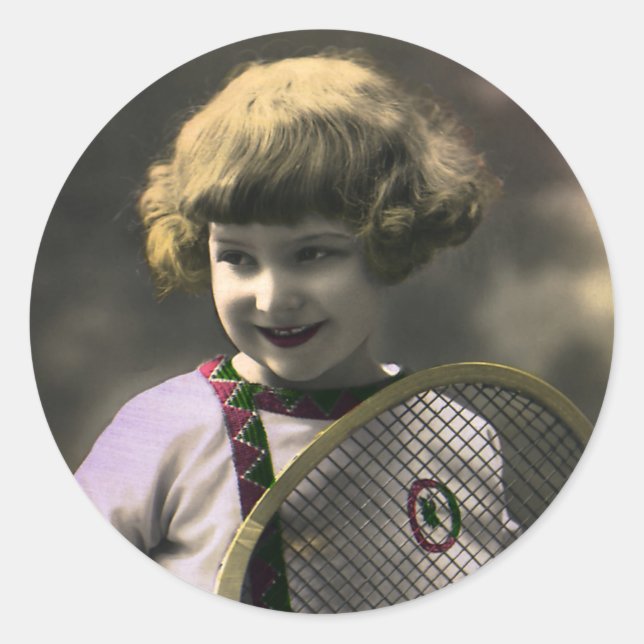 Vintage Tennis Sports, Happy Girl with Racket Classic Round Sticker (Front)