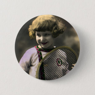 Vintage Tennis Sports, Happy Girl with Racket Pinback Button