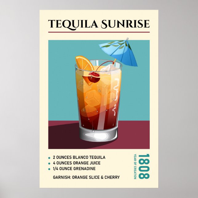 Vintage Tequila Sunrise Cocktail Recipe Artwork Poster (Front)