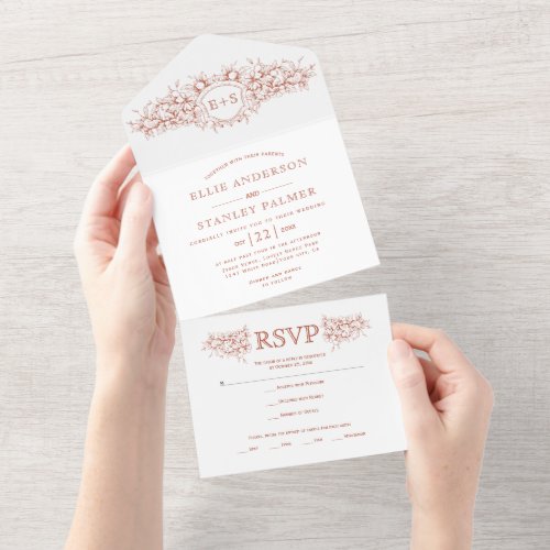 Vintage terracotta heraldic crest wedding  all in one invitation