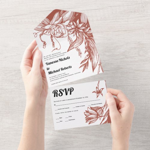 Vintage terracotta line art flowers fall wedding all in one invitation