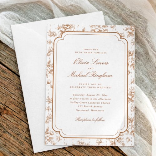 Vintage Terracotta Orange Floral Toile Wedding Invitation