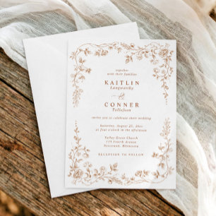 Vintage Terracotta Orange French Floral Wedding Invitation