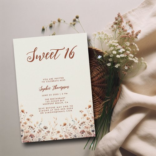 Vintage Terracotta Wildflowers Watercolor Sweet 16 Invitation