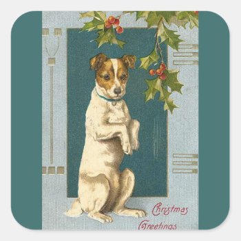 Vintage Terrier And Holly Square Sticker by dmorganajonz at Zazzle