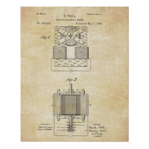 Vintage Tesla Electro Magnetic Motor Patent Faux Canvas Print