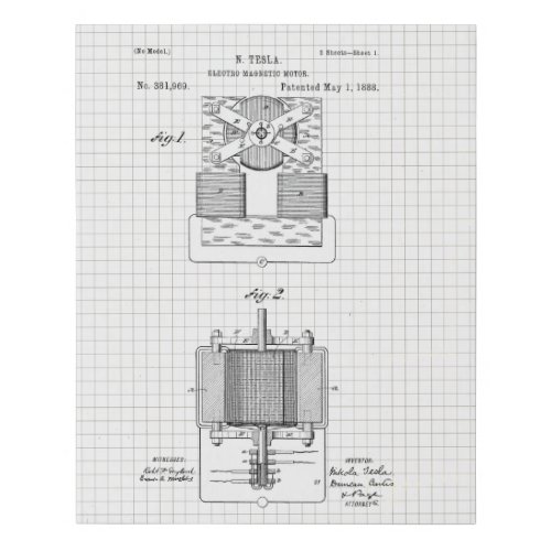 Vintage Tesla Electro Magnetic Motor Patent Faux Canvas Print