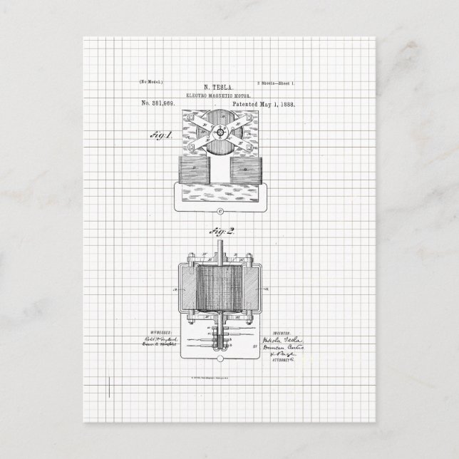 Vintage Tesla Electro Magnetic Motor Patent Postcard (Front)