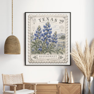 Vintage Texas Bluebonnet State Flower PostageStamp Poster