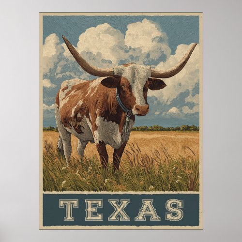 Vintage Texas Longhorn Bull Retro Travel Poster