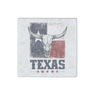 Vintage Texas Longhorn Bull Skull Distressed Flag Stone Magnet