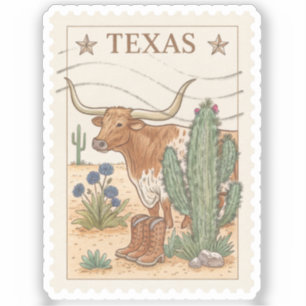 Vintage Texas Longhorn Cowboy Boots Desert Stamp Sticker