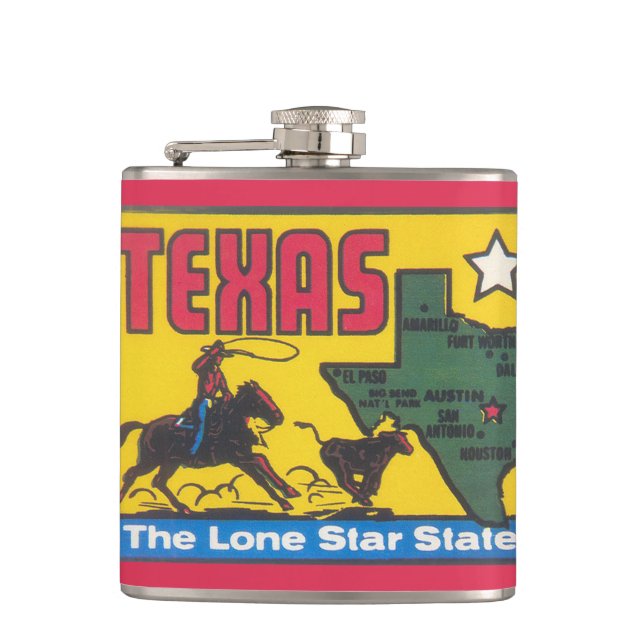 Vintage Texas promotion illustration with cowboy Flask (Front)