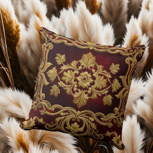 Vintage Textured Embroidery look Red Gold Fleur-de Throw Pillow