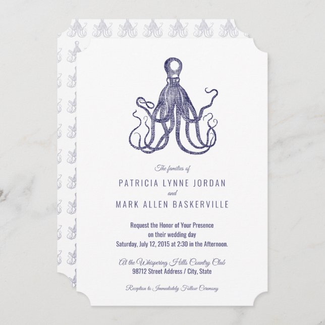 Vintage Textured Octopus Invitation (Front/Back)