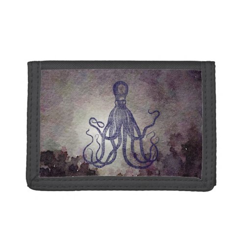 Vintage Textured Octopus on Watercolor Moon Trifold Wallet