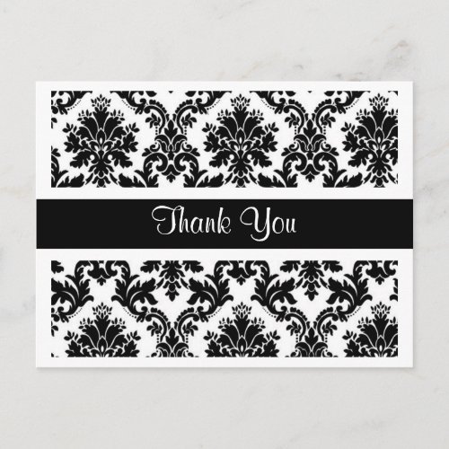 Vintage Thank You Black and White Damask Floral Postcard