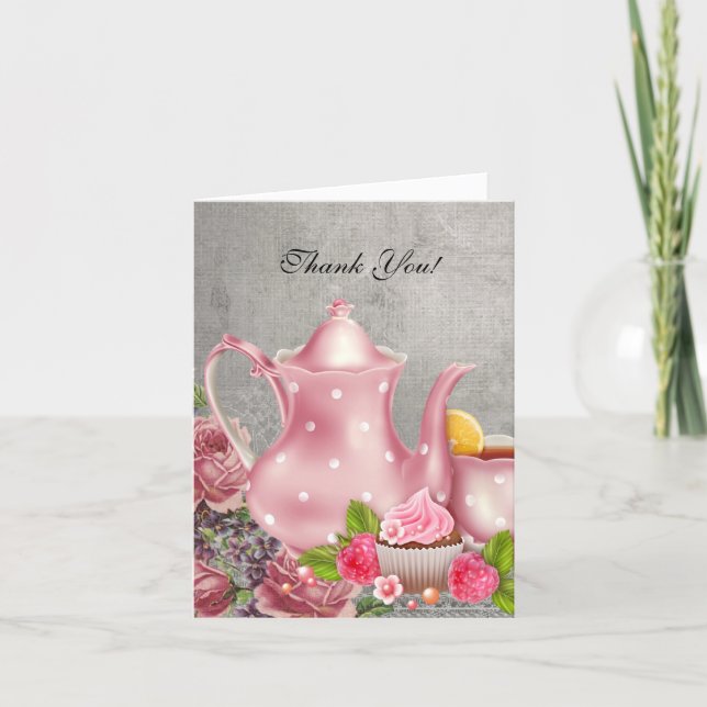 Vintage Thank You Card Tea Pink Flowers (Front)