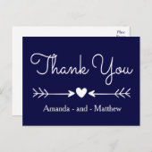 Vintage Thank You Navy Blue & White Heart & Arrows Postcard (Front/Back)
