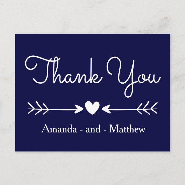 Vintage Thank You Navy Blue & White Heart & Arrows Postcard (Front)