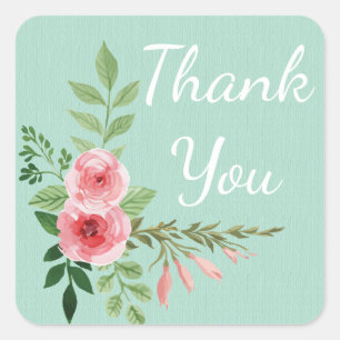 Vintage Thank You Pink Floral Watercolor Mint Square Sticker