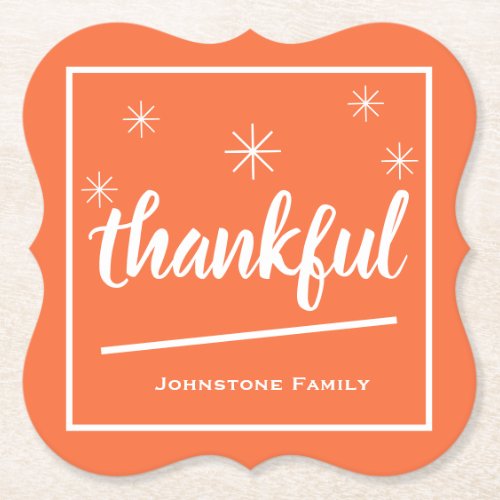 Vintage Thankful Thanksgiving Custom Family Name Paper Coaster