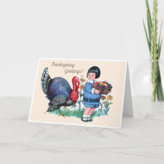 Vintage Thanksgiving Boy with Turkey & Harvest Holiday Card