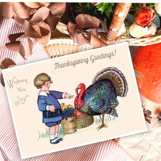 Vintage Thanksgiving Boy with Turkey & Harvest Holiday Card