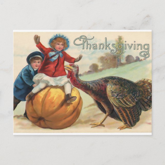 Vintage "Thanksgiving" | Children and Autumn Scene Postcard (Front)