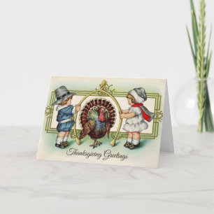 Vintage Thanksgiving Children and Turkey Card