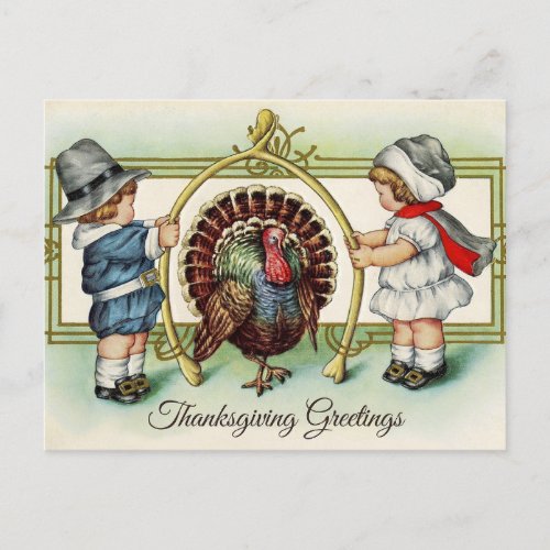Vintage Thanksgiving Children and Turkey  Holiday Postcard