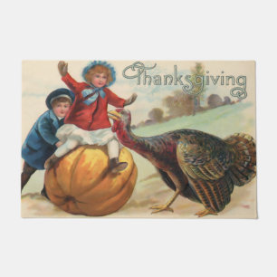Vintage Thanksgiving Children with Pumpkin, Turkey Doormat