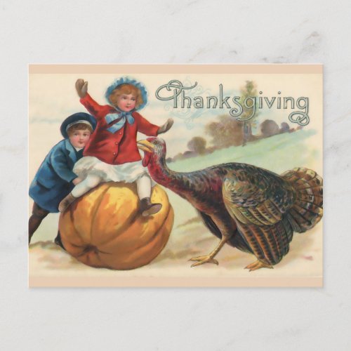Vintage Thanksgiving Children with Pumpkin Turkey Postcard