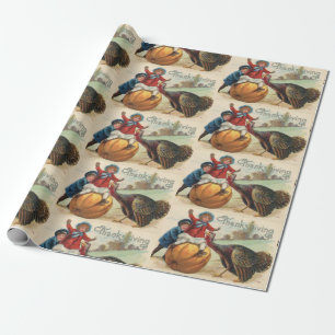 Vintage Thanksgiving Children with Pumpkin, Turkey Wrapping Paper