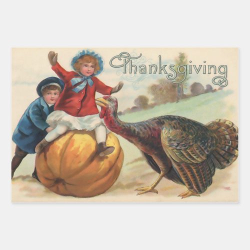 Vintage Thanksgiving Children with Pumpkin Turkey Wrapping Paper Sheets