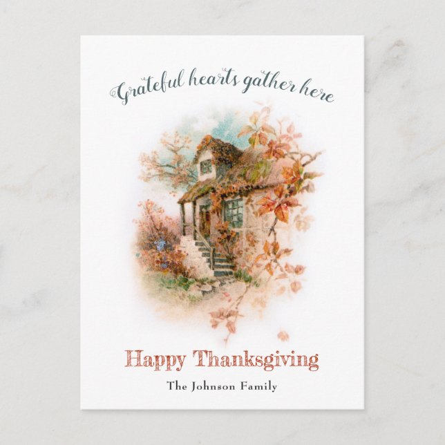Vintage Thanksgiving Cottage with Greeting Postcard (Front)