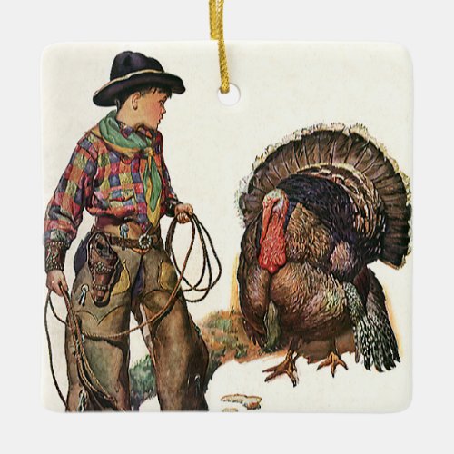 Vintage Thanksgiving Cowboy Catching a Turkey Ceramic Ornament