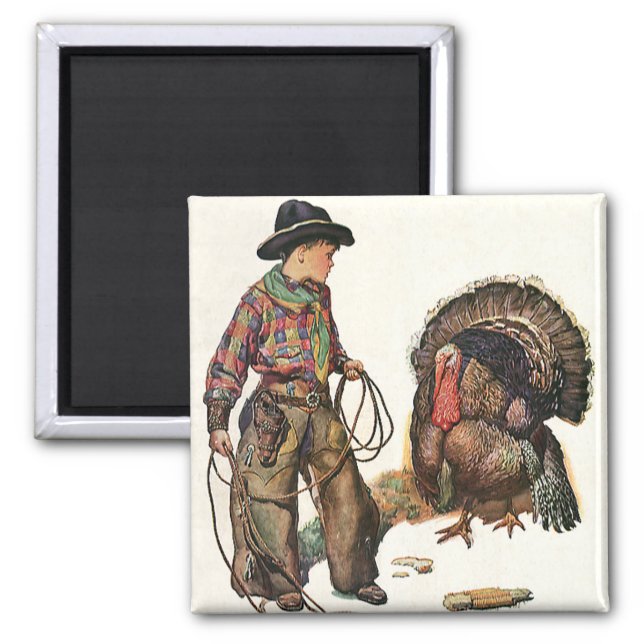 Vintage Thanksgiving, Cowboy Catching a Turkey Magnet (Front)