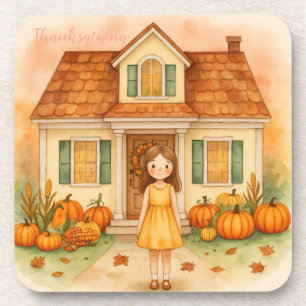 Vintage,Thanksgiving,Cute Girl and Harvest Pumpkin Beverage Coaster