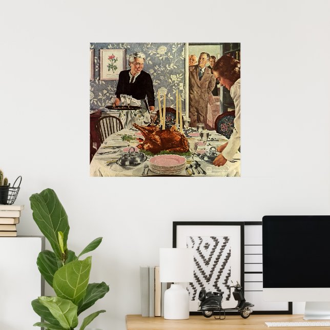 Vintage Thanksgiving Day Turkey Dinner with Family Poster (Home Office)