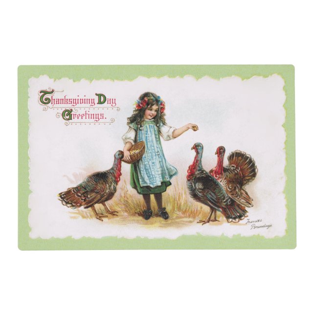 Vintage Thanksgiving Farm Girl & Turkeys Placemat (Front)