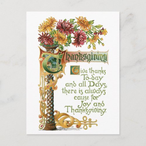 Vintage Thanksgiving Floral with Verse Holiday Postcard